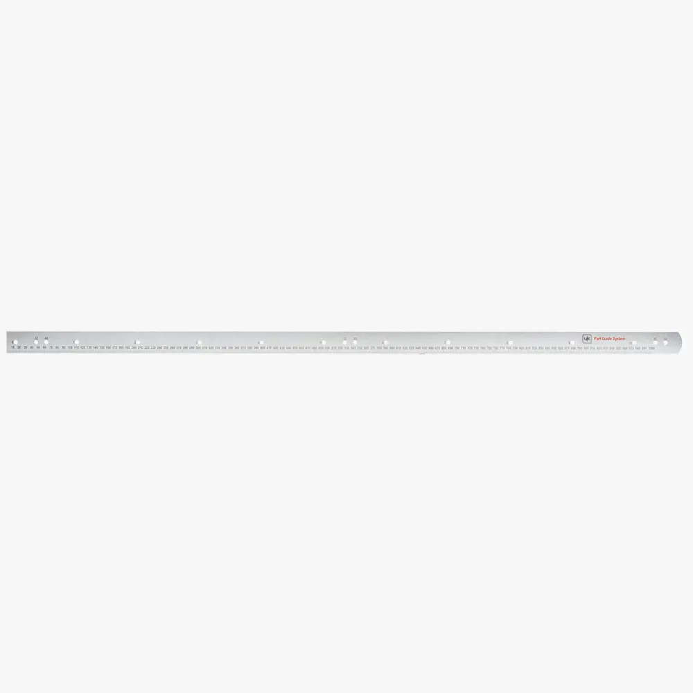 A spare MkII Parf stick, which some may find other uses for. The accuracy of the UJK Parf system is dependent on the very tight tolerance of the holes in these sticks. The Mk II drill guides locate positively into holes in the Mk II Parf Stick. The UJK Parf system uses holes at 96mm centres, the MkII stick has additional holes 32mm or 48mm centres offering the possibility of drilling intermediate holes at or holes for predetermined angles other than 90°. The Parf Sticks MkII also feature a metric scale along one edge so that they may have other uses in the workshop.